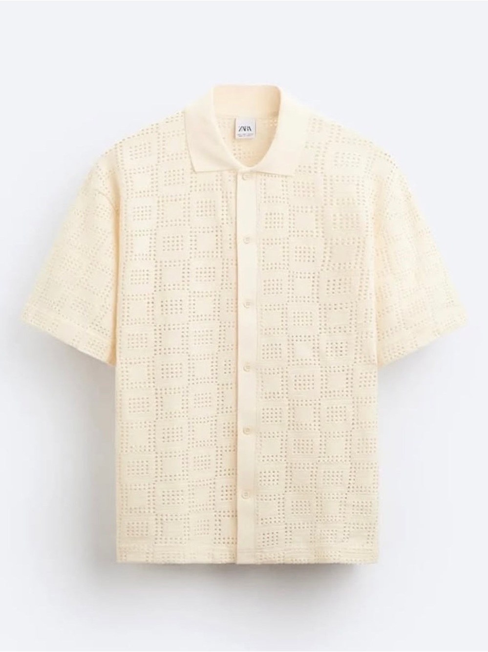 Zara Ecru Crochet Knit Short Sleeve Shirt | Size XL